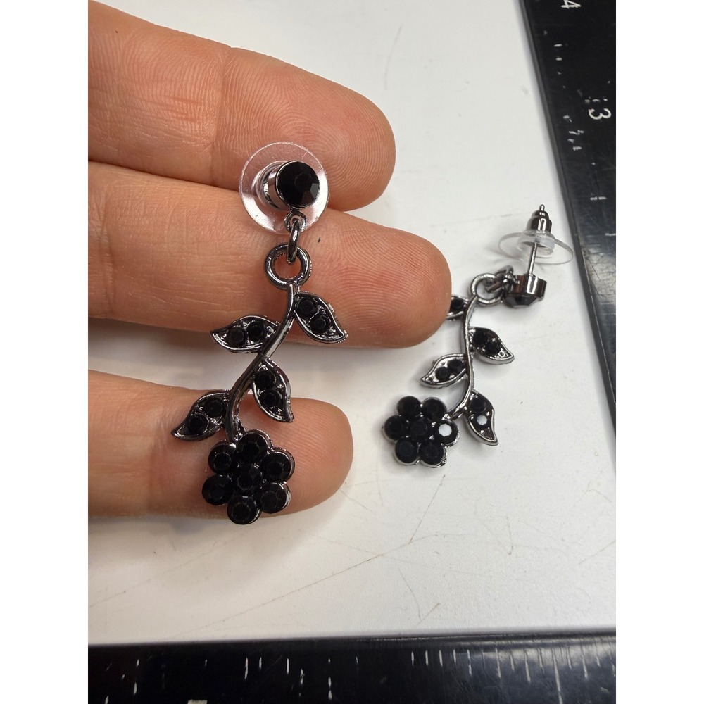 Gunmetal Black Rhinestone Flower Vine Drop Earrings Floral Dangle Post Back
